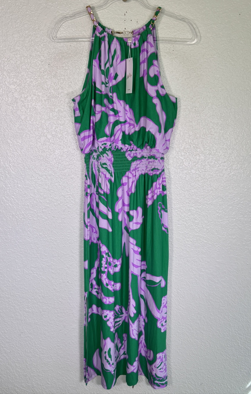 Lilly Pulitzer Gracie Halter Midi Dress Womens Medium Floral Smocked Resort NEW
